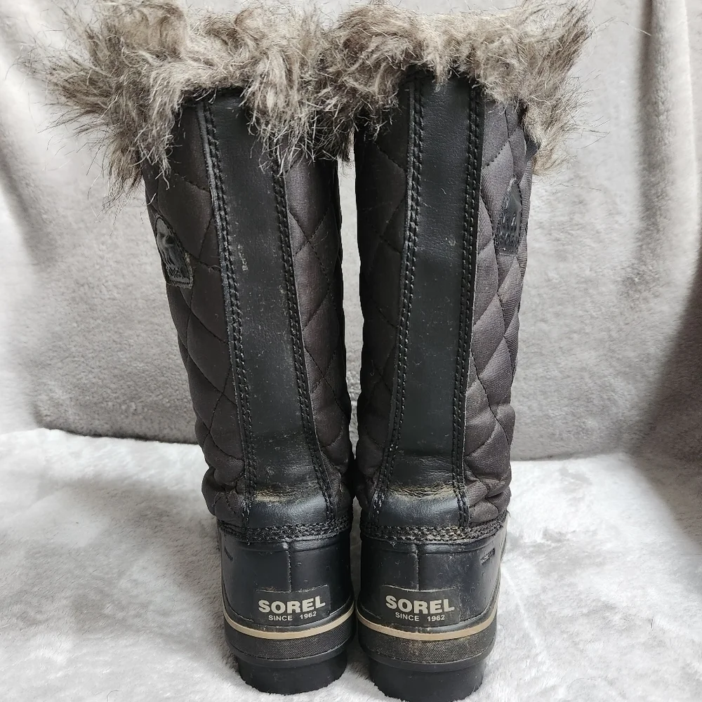 Sorel Tofino Womens 7 Boots Black Winter Waterproof Quilted Faux-Fur Trim